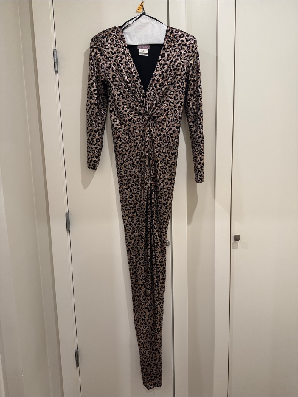 Jovani Leopard-Print Twist Front Long Sleeve Dress in Brown and Black